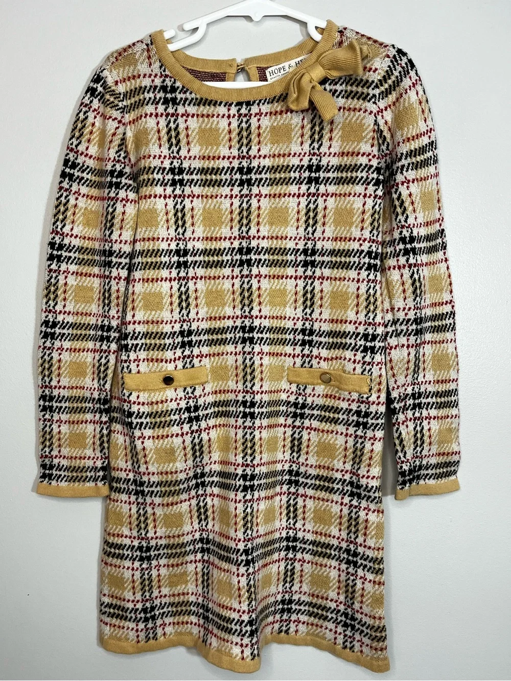 Hope & Henry Tan Organic Cotton Plaid Knit Dress with Bow Girl’s 6